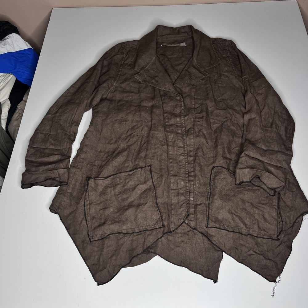 Cynthia Ashby Jacket Womens Medium Brown Linen Open‎ Front Asymmetrical Hem